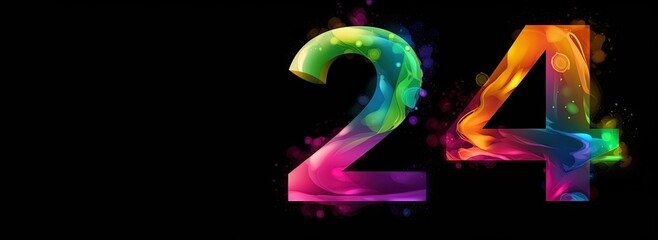 24 for year 2024 in colorful luminescent colors. Card for greetings. Happy new year glowing in lights, energy. Black background.