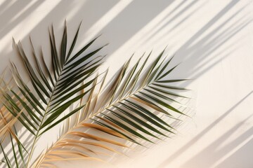 Palm leaves on white wall with sunlight and shadow - obrazy, fototapety, plakaty