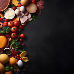 Naklejka na ściany i meble black background, a variety of vegetables and meat products are artfully arranged, leaving appropriate space in the frame, captured in a commercial photography style, with exquisite lighting effects