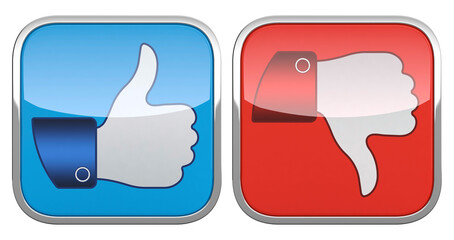 3D illustration of thumb up and down icons isolated on transparent background