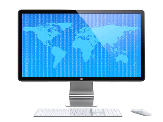 Computer monitor with World map and flying digits on screen isolated on transparent background