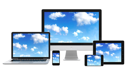 Cloud computing concept on different electronic devices isolated on transparent background