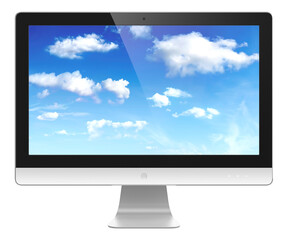 Computer monitor with cloudy sky image on screen. Cloud computing concept isolated on transparent background