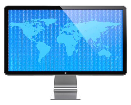 Computer monitor with World map and flying digits on screen isolated on transparent background