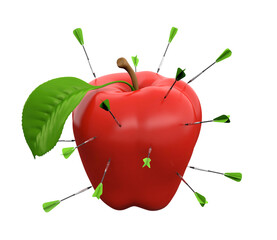 3D illustration of darts hitting red apple isolated on transparent background
