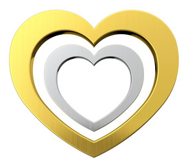 Golden heart and silver heart in center of it isolated on transparent background