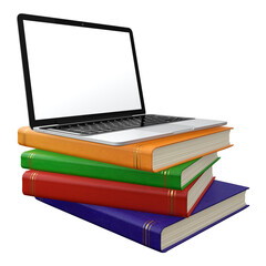 Stack of multi colored books with laptop on top. Electronic education concept isolated on transparent background