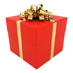 3D illustration of red gift box with golden ribbon isolated on transparent background