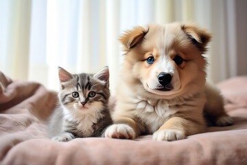 Fototapeta na wymiar Paw-some Pair: Puppy and Kitten Adventure