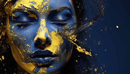 blue and yellow powder on face