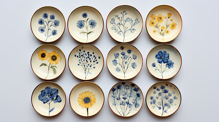 set of vintage ceramic plates with flowers on white background. 