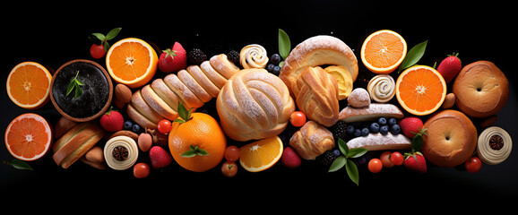 breads buns fruit oranges and juice