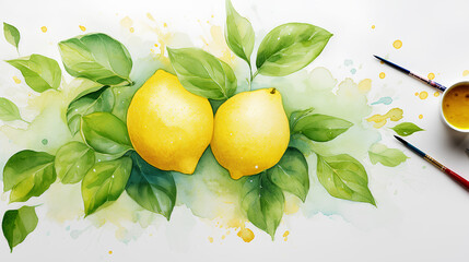 watercolor painting of lemon with leaves