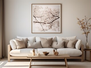 Stylish Scandinavian living room, with vase, picture with flowering cherry branches, spring home decor, elegant interior with cozy sofa, pillows and blanket, white wall background; Generative AI