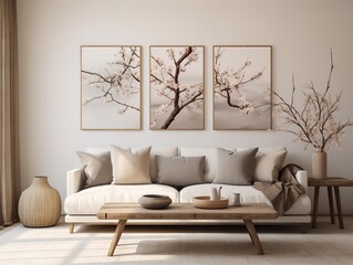 Stylish Scandinavian living room, with vase, picture with flowering cherry branches, spring home decor, elegant interior with cozy sofa, pillows and blanket, white wall background; Generative AI