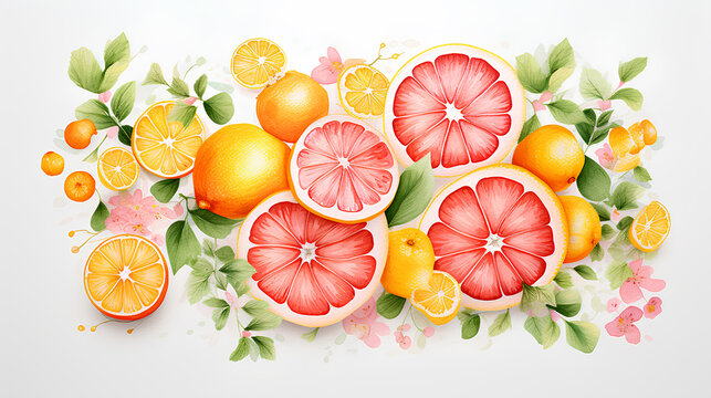 watercolor citrus fruits and leaves