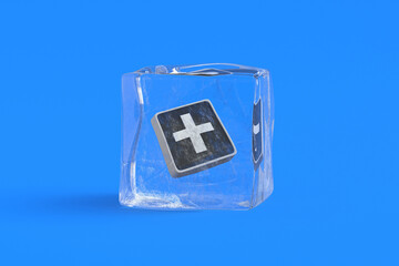 Mathematical symbol plus in ice cube. 3d illustration