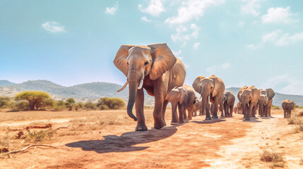 photo of a family of elephants walking 