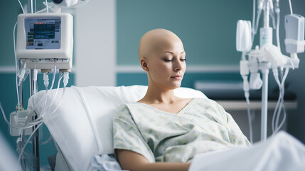 A bald woman sitting in a hospital bed being treated for cancer with chemotherapy