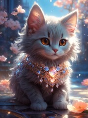 cute and lovely imaginary cat Heavenly cat, whole cat, shiny metal gem depth glowing smoky neon eyes frosted metal lace fantasy sunlight sunbeam intricate detail 8k dreamy surrealism generative ai