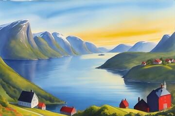 Watercolor Norway Fjord landscape. Ai generated illustration