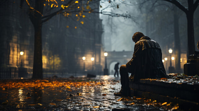 homeless old man sitting lonly in the park 