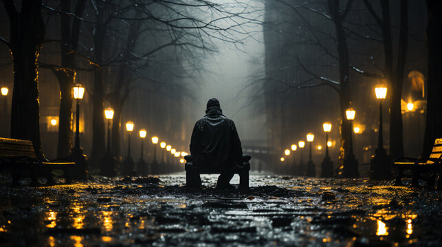 homeless old man sitting lonly in the park 