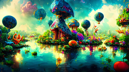 Obraz na płótnie Canvas Enchanting floating garden with lanterns & mythical beings. A whimsical wonderland of magic & beauty.