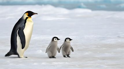 Fototapeta na wymiar Dad or mom and baby penguins. Father love, bond and parenting concept.