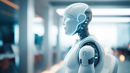 Robot analyzing data with AI virtual environment 