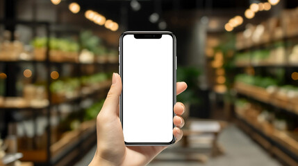 手にスマートフォンを持っている。背景は園芸店です。Generative AI