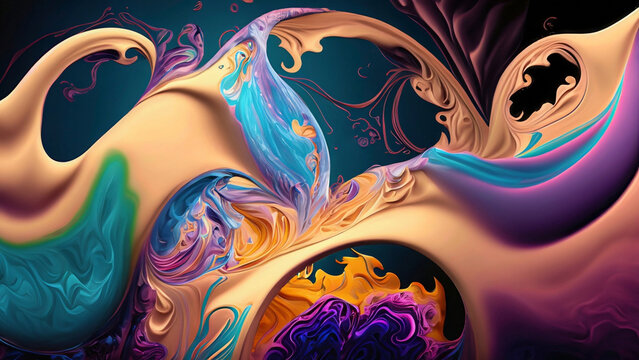 A visually stunning image with fluid dynamics, colorful and vibrant patterns of flowing liquids, and combining them with elements like flowers or butterflies, creating graceful and mesmerizing visual