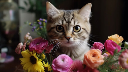cute kitten with a bouquet of flowers on a white background.