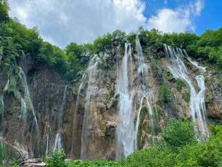 Waterfall Plitvice Lakes in Croatia. Beautiful superb landscape on the lake.