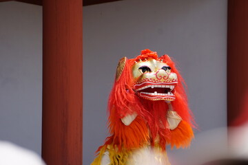 中国の獅子舞、オレンジの髪に金の体の演技の良い獅子の踊り