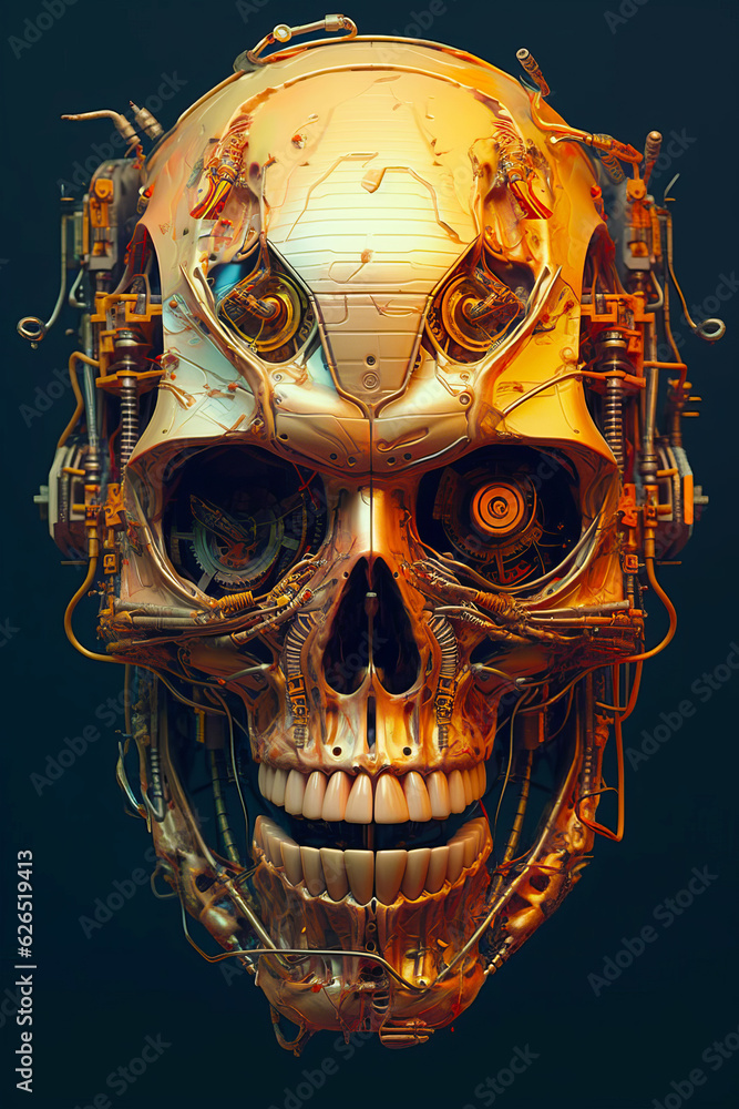 Poster Skull made of metal and wires with face made of mechanical parts. Generative AI.