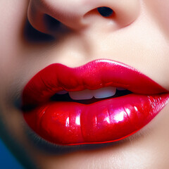 Close up of woman's lips with bright red lipstick. Generative AI.