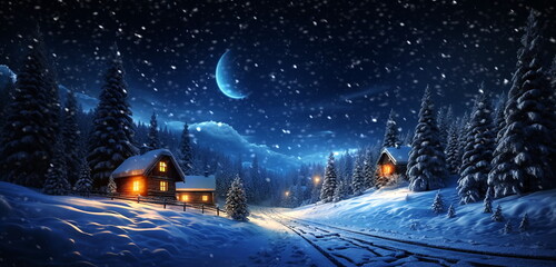 winter forest , blue night ,starry sky, full moon Christmas trees ,wooden cabin with light in windows, ,pine trees covered by snow ,winter holiday background