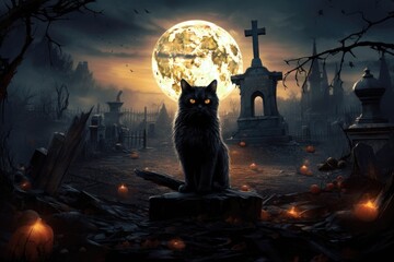 Kitty cat sitting in front of a full moon. Generative AI