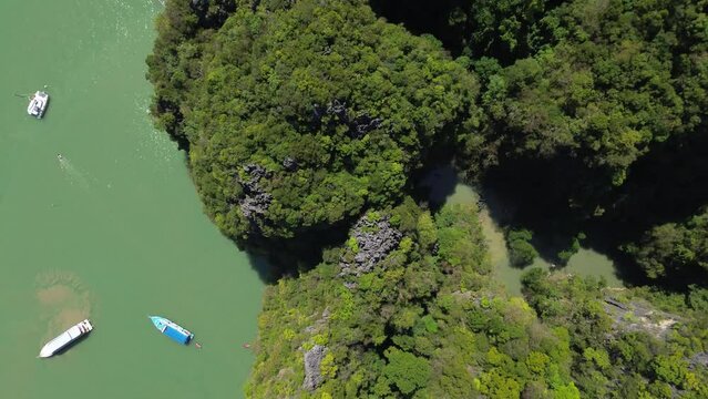 Phang Nga National Park in the south of Thailand, a view from a great height on Panak Island, popular with tourists, rocks overgrown with greenery