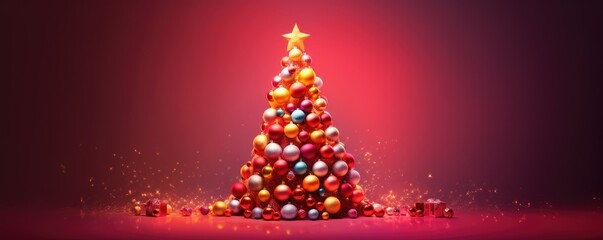 Beautiful Christmas tree on a red background. Generative AI