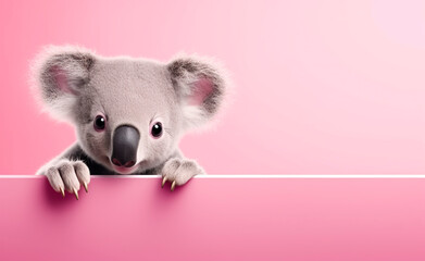 Creative animal concept. Koala peeking over pastel bright background.
