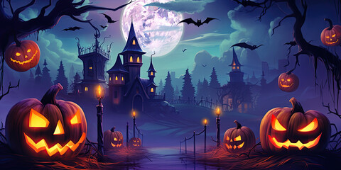 colorful halloween banner with pumpkins, bats and a haunted castle