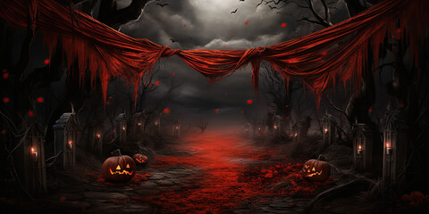 red halloween banner with petals and pumpkins