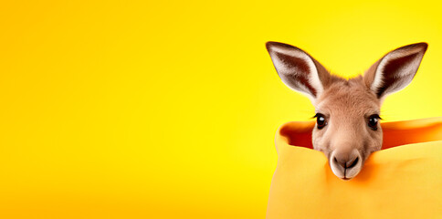 Fototapeta na wymiar Creative animal concept. Kangaroo peeking over pastel bright background.