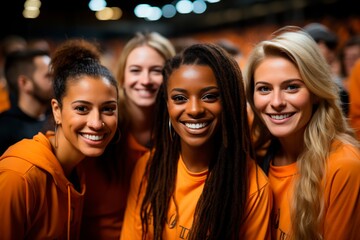 Celebrating Diversity in Unity Witness a Group of Diverse Friends Wearing Matching Plain Orange T-Shirts at a Basketball Game. Their Smiles and Enthusiasm Reflect Power of Friendship and Inclusion. 