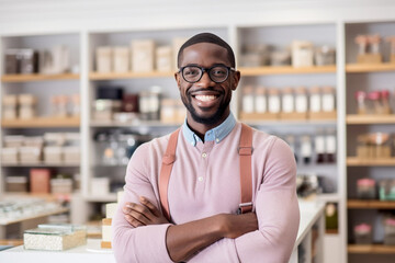 Business, people and lifestyle concept, Portrait of handsome African American man cross hands on chest and smiling pleased, own small shop, manage store with help of employees, white background