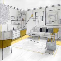 Modern style living room sketch, Generative AI