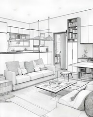 Modern style living room sketch, Generative AI