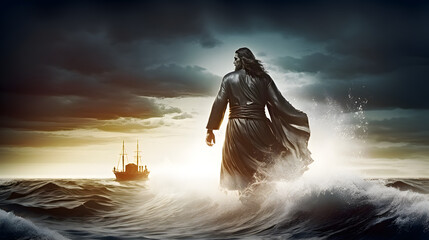 Fototapeta na wymiar Jesus Christ walking on water across the sea towards a boat.